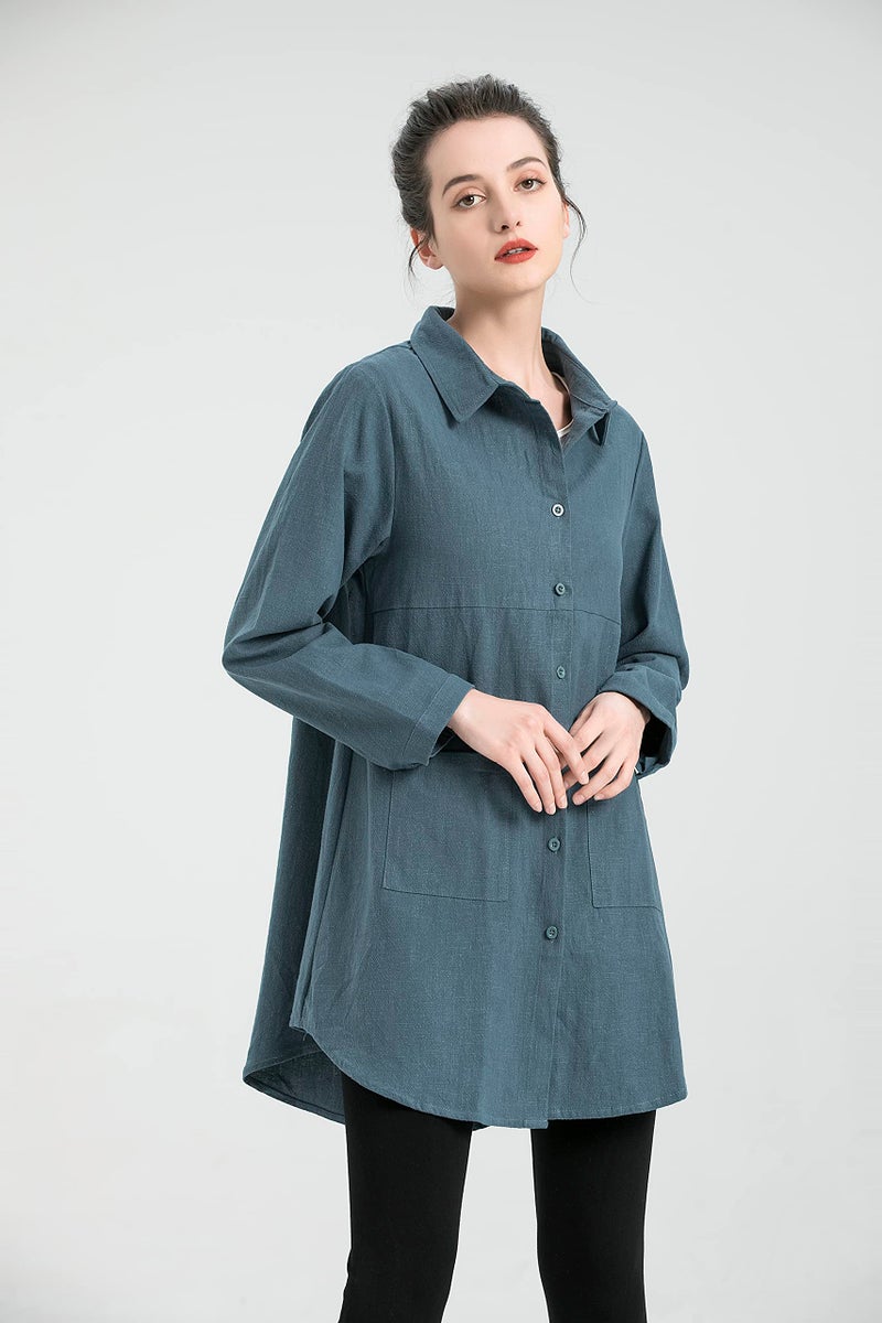 Minibee Women's Linen Shirts Button Down Long Tunic Tops Plus Size Blouse with Pockets Navy L - Image 3
